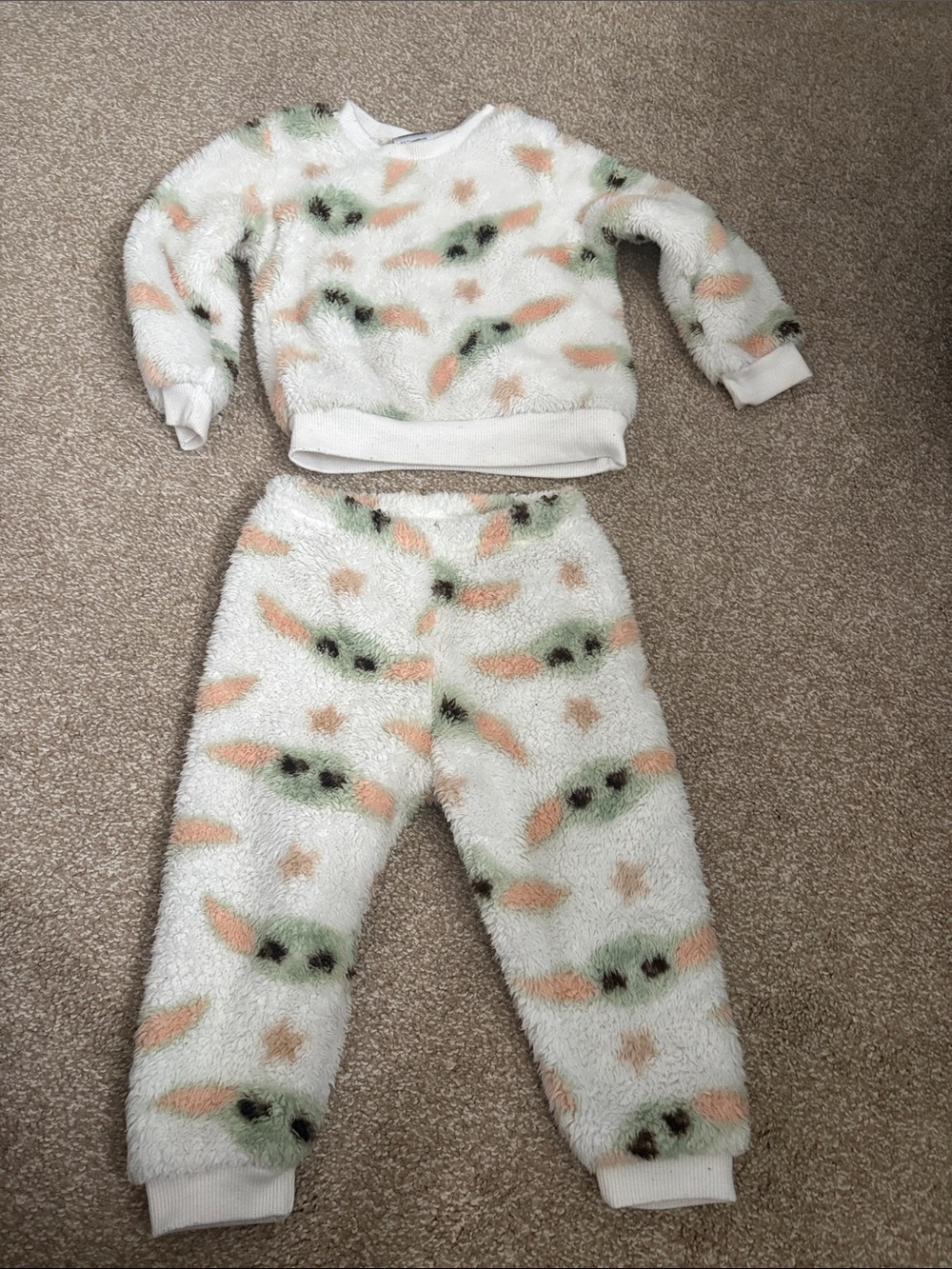 Cozy Kids Plush Pajama Set in Cream with Green & Peach Accents